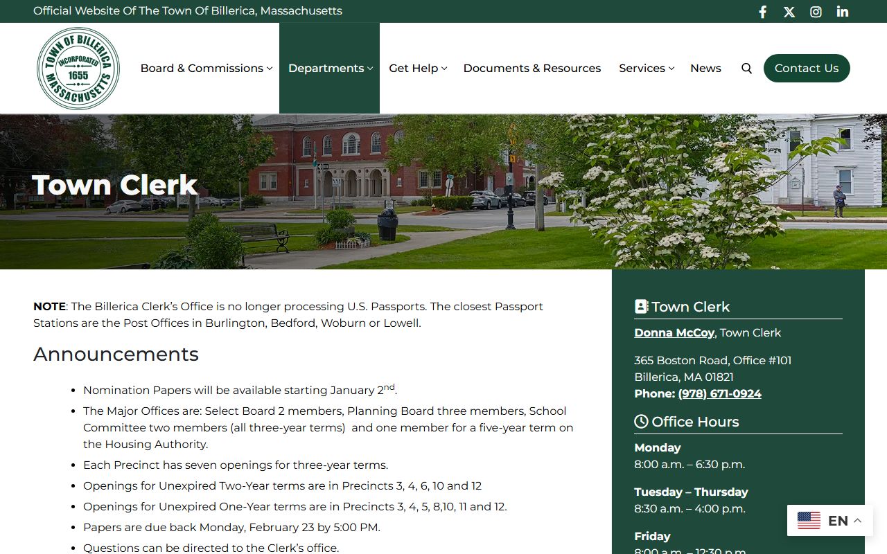 Billerica residents directory town clerk office page