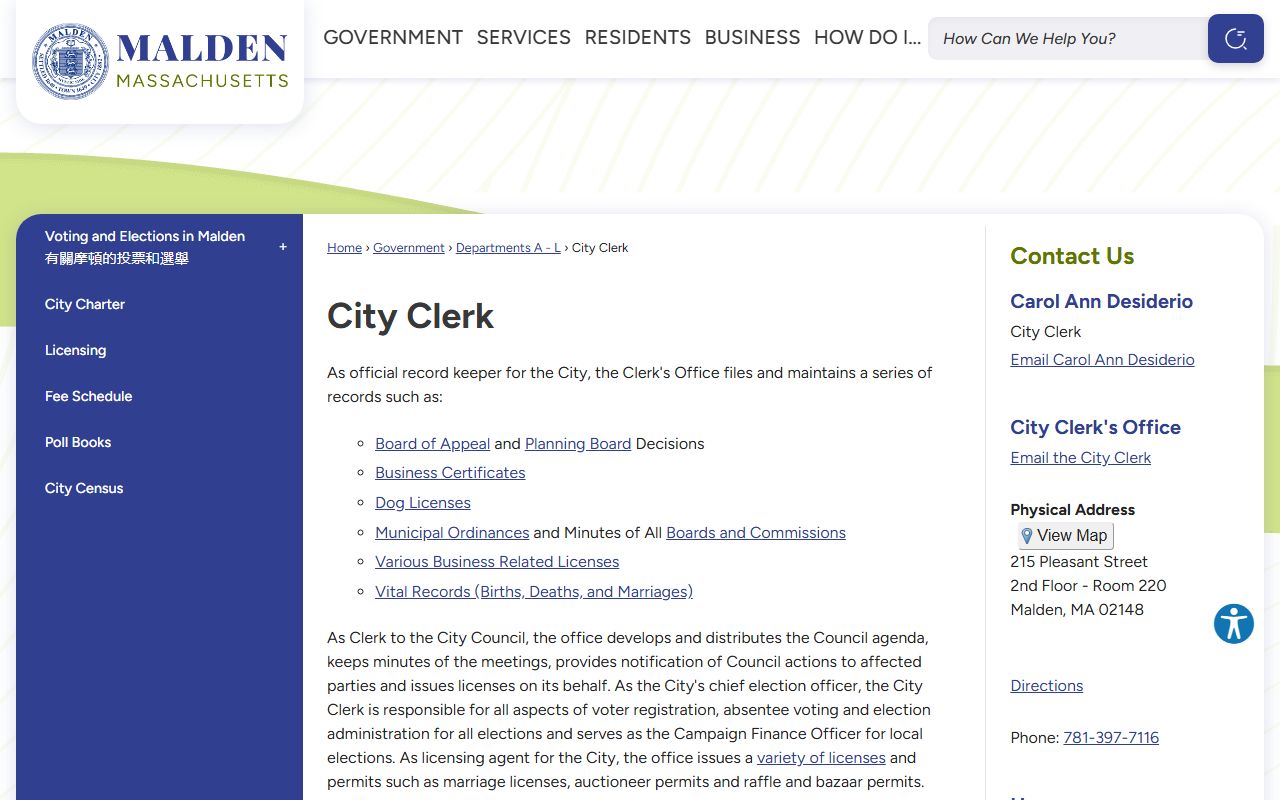 Malden residents directory city clerk office page
