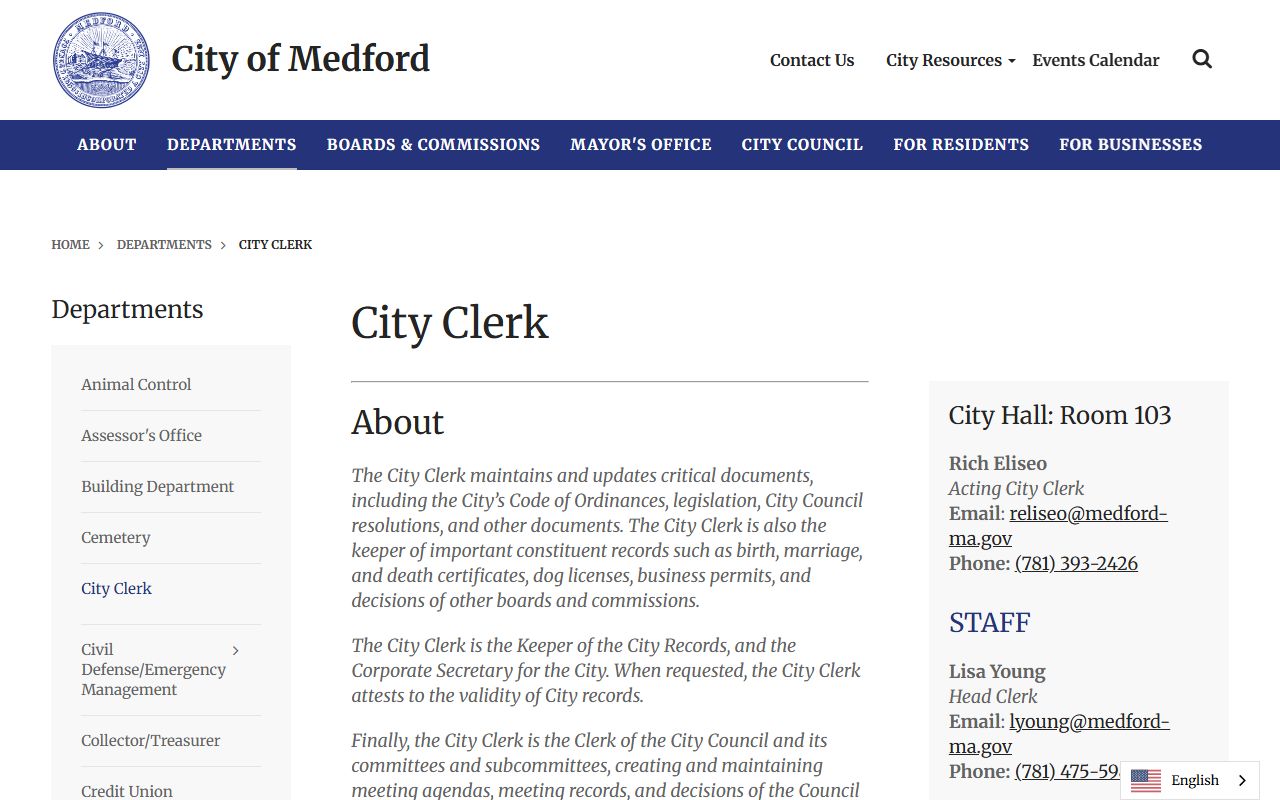 Medford residents directory city clerk office page