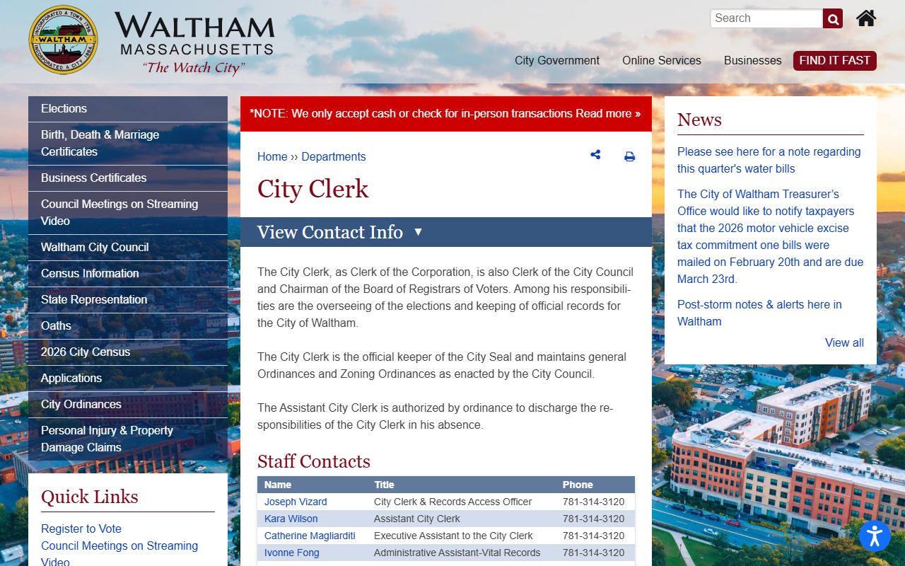 Waltham residents directory city clerk office page
